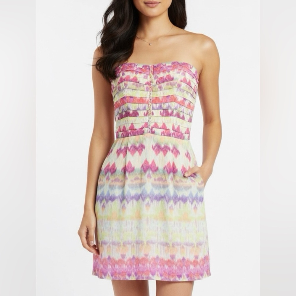 Charlie Jade Abstract Strapless Silk Sheath Dress